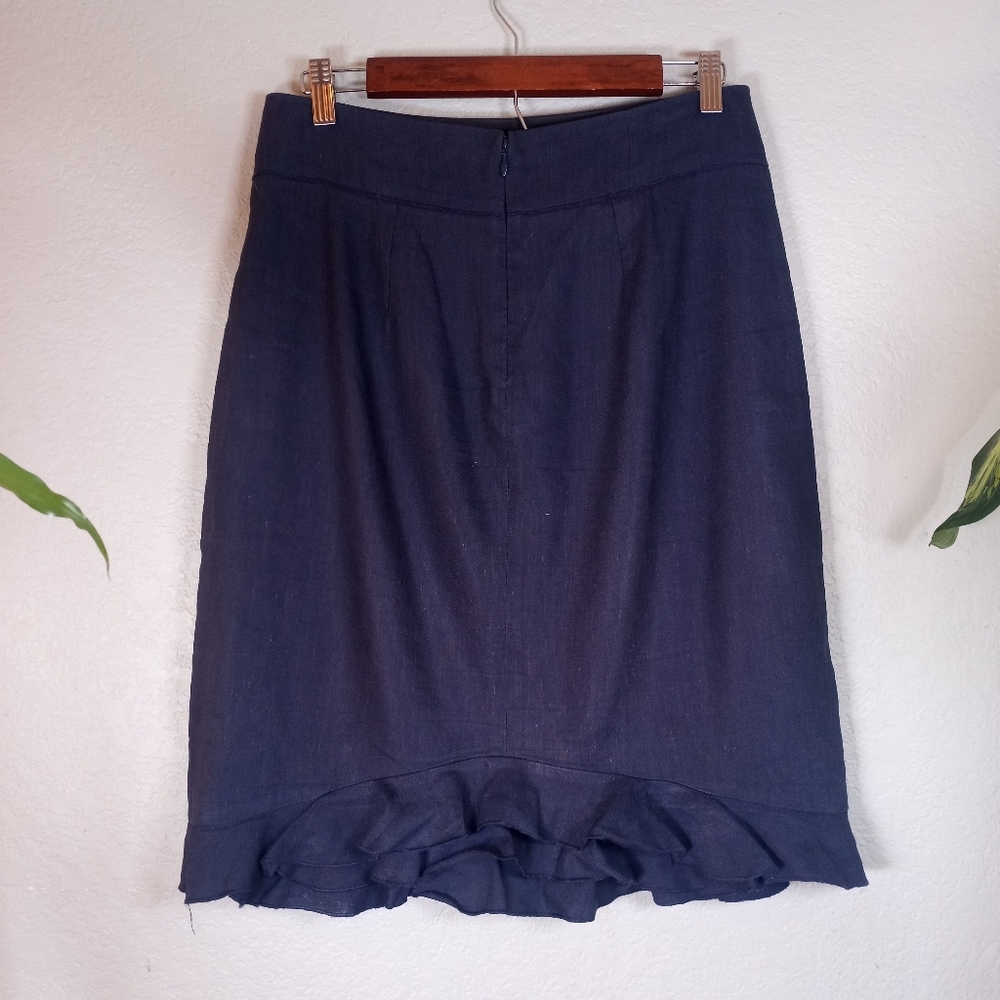 Rebecca Taylor Linen Navy Blue Ruffled Hem Academia  Office Siren Pencil Skirt 8 - Picture 4 of 9